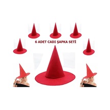 Kırmızı Renk Keçe Cadı Şapkası Yetişkin Çocuk Uyumlu 6 Adet Çok Renkli