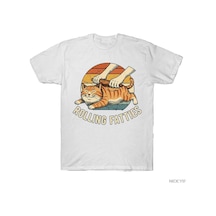 Flood Of Style Kedi Rolling Fatties Komik T-shirt Erkekler Kadınlar Için % 100% Pamuk T Shirt Kısa Kollu Üst Beyaz