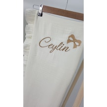 Gros Shop Müslin Yeni Doğan 4katlı Organik %100pamuk Kişiye Özgü Nakışlı Hastane Çıkış Seti-kurdele Model Ekru-1