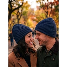 Hamze Düz Basic Fitilli Kışlık Pamuklu Unisex Bere Lacivert