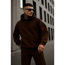 Benroma 3 İplik Penye Kapüşonlu Oversize Sweat Kahverengi
