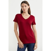 V Yaka Dökümlü Basic Tişört - Bordo