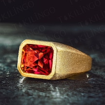 925 Ayar Gümüş Altın Kaplama Kırmızı Ruby Taşlı Erkek Yüzük Altın