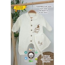 Gros Shop Müslin Yeni Doğan 4katlı Organik %100pamuk Kişiye Özgü Nakışlı Hastane Çıkış Seti Kurt Model-1 Ekru-3