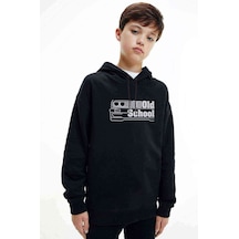 Tshirthane Araba Old School Baskılı Unisex Çocuk Kapüşonlu Siyah Sweatshirt Siyah