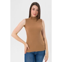 Miss Poem Kadın Boğazlı Balıkçı Yaka Kolsuz Basic Camel Triko Bluz Camel