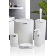 Çizgili 5 Parça Banyo Seti Çöp Kovası Tuvalet Fırçası Diş Fırçalık Sıvı Sabunluk Katı Sabunluk - Beyaz