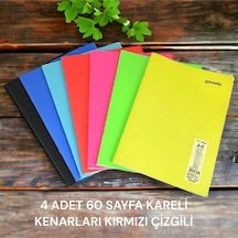 4 Adet A4 60 Yaprak Kareli Dikişli Neon Renkler Plastik Kapak Defter 60gr Beyaz Sayfa Karma Renk Çok Renkli