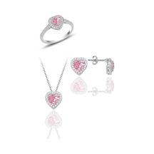 Söğütlü Silver Gümüş Rodyumlu Pembe Taşlı Pırlanta Montürlü Kalp Üçlü Set Barcode Beyaz