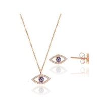 Gümüş Rose Zirkon Taşlı Safir Göz Kolye Ve Küpe Gümüş Ikili Set