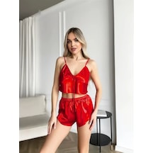 Veraura Lifestyle Kadın Kırmızı İnce Askılı Saten Şortlu Takım