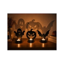 Arliadesign Halloween Ahşap Mumluk Seti / Hayalet, Balkabağı Ve Yarasa Dekoratif Tealight Mumluk 13x 15 Cm 3 Mm Siyah Mdf