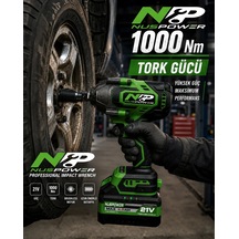 Nuspower Profesyonel 1000 Nm Akülü Darbeli Somun Sıkma Makinesi Kömürsüz Motor 21v Yeşil