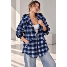 Bb Butik Basic Kapüşonlu Fermuarlı Oversize Ekose Oduncu Gömlek Ceket Kadın Rahat Mevsimlik Günlük Tr0935 mavi
