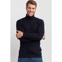 Tudors Slim Fit Dar Kesim Tam Balıkçı Yaka Saç Örgü Desenli Erkek Kazak-20004 Lacivert