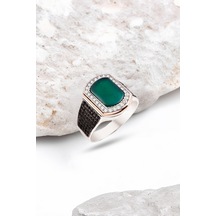 Gümüş Yeşil Akik Taşlı Süslemeli Erkek Yüzük -5109