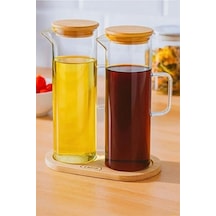 Reoona 3 Parça 400 Ml Borosilikat Yağlık - Bambu Altlık Ve 2 Adet Bambu Kapaklı Cam Yağdanlık Şeffaf