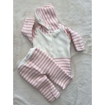 Örgü Kapşonlu Çizgili Çift Kat Hırka Pembe