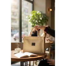 Enoch Kadın El Çantası Kanvas Dokulu Minimalist Kare Formlu Küçük Boy Tote Çanta Bej