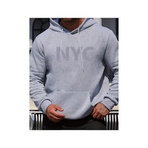 Herkesemoda Nyc Baskı Detaylı Kapüşonlu Sweatshırt Gri