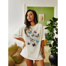 Unisex Örme Kelebek Baskılı Beyaz %100 Pamuk T-shirt. Beyaz