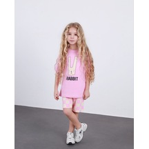 Cg Kids Rabbit Tavşan Baskılı Tshirt & Damalı Şort Pembe Alt Üst Takım Süper Kalite