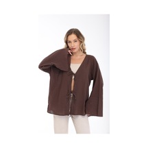 Blayn Jeans Blayn Kadın Keten Kimono Oversize Rahat Kalıp Yazlık Uzun Kollu Kimono Kahverengi