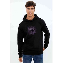 Purple Skull Baskılı Siyah Erkek Örme Kapşonlu Sweatshirt