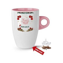 Yılbaşı Hediyesi Mutlu Yıllar Christmas İsimli Baskılı Porselen Latte Kupa Bardak Pembe Pembe