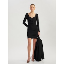 Koton Drapeli Slim Fit Uzun Kollu Mini Kare Yaka Elbise Siyah 5sak80017pk Siyah