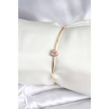 Pembe Zirkon Taşlı Kalp Model Gold Renk Kadın Bileklik - Pembe