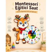 Sevimli Geyik Montessori Çocuk Odası Eğitici Ahşap Duvar Saati - Sessiz Mekanizma, Şık Tasarım Saat Çok Renkli