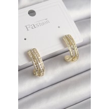 Pirinç Gold Renk Zirkon Taşlı Yarım Halka Model Kadın Küpe Çok Renkli