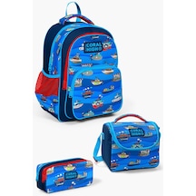 Coral High Kids Lacivert Mavi Gemi Desenli 3'lü Okul Çanta Seti Set0114416