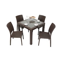 Depootoptan Mandella Elit Rattan 90 x 90 CM Elit Sandalye Camlı Masa Takımı Kahver Kahverengi