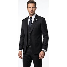Erkek Klasik Slim Fit Takım Elbise Notch Yaka, Yaka Punto Dikişli, Tek Düğmeli, Çift Yırtmaçlı Siyah