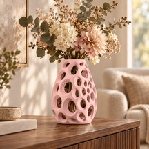 Dekoratif Vazo 20 Cm Oval Delikli Modern Tasarım Kuru Ve Yapay Çiçek Vazosu Pembe