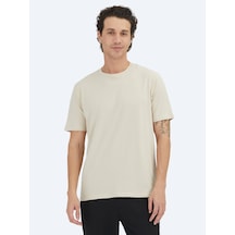 Bej Düz Bisiklet Yaka %100 Pamuk T-shirt Bej