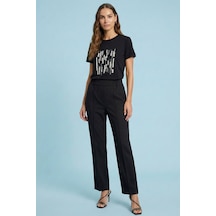 Düz Kesim Baskılı Siyah Penye T-shirt Siyah