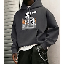 Startmore Tarzsokak I'm Fine İskelet Baskılı Erkek Basic Kapüşonlu Üstleri Hip Hop Bol Sweatshirtler Günlük Polar Antrasit