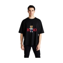 Paybuy Erkek Oversize Tişört %100 Pamuk Retro Grafik Baskılı Ayı Desenli Siyah