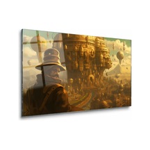 Steampunk Şehre Bakan Yolcu Çerçevesiz Cam Tablo