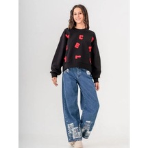 Kız Çocuk Mevsimlik Harf Aplikeli 3 İplik Sweatshirt-14771 Siyah