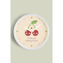 '' I Love You , Cherry Much '' Yazıllı Modern Tasarım Duvar Saati - 42cm - Önü Camlı Beyaz Kasa Beyaz