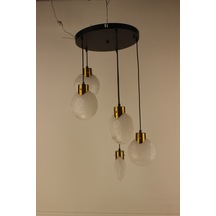 Premium Ebru Efektli Küre Camlı Gold Detaylı 5'li Takım Modern Avize