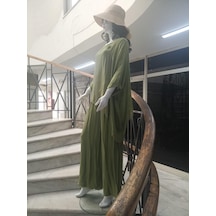 Bohem Stil İtalyan Yarasa Kol İpek Bluz & Pantolon Takım-8767 Yağ Yeşili