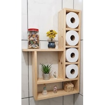 100x60 Cm Dev Boy Masif Ham Ahşap Banyo Rafı - 6 Geniş Bölmeli Tuvalet Kağıtlığı Ve Düzenleyici Bej