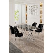 Canisa Vals Serisi 80x130 Lak Panel Siyah Mermer Desen Masa Takımı Krom Ayaklı 4 Siyah Sandalye Masa Siyah Mermer Desen Sandalye Siyah