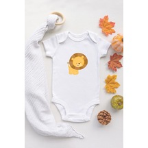 Tuğba Baby Sevmli Aslan Baskılı Beyaz Bebek Body %100 Pamuklu Organik Baskılı Çıtçıtlı Bebek Badi Zıbın Beyaz
