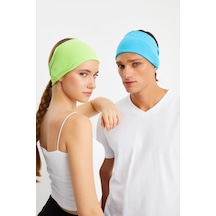 2'li Çift Taraflı Kullanım Alternatifli Pamuklu Penye, Kaymaz, Hafif, Spor Saç Bandı Bandana - Tek Ebat / Yeşil-aqua Yeşil-aqua